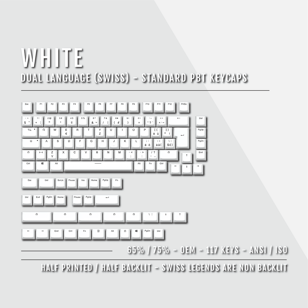 White PBT Swiss Keycaps - ISO-CH - 65/75% Sizes - Dual Language Keycaps - kromekeycaps