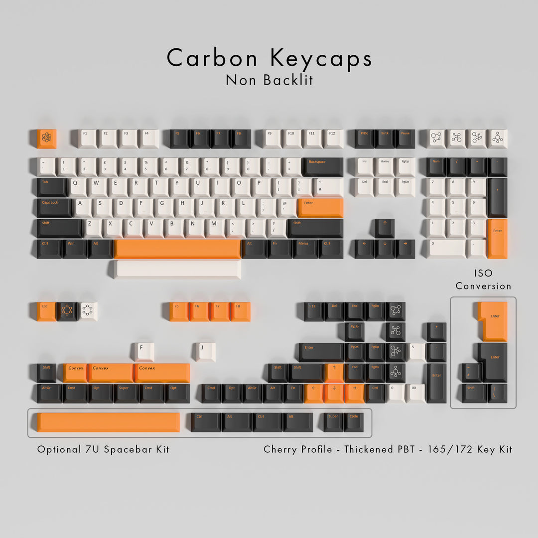 A flat layout diagram of a mechanical keyboard keycap kit on a light gray background. The design shows a non-backlit keyboard with white, dark gray, and bright orange keycaps, plus text reading 'Carbon Keycaps Non Backlit' and additional kit callouts at the bottom.