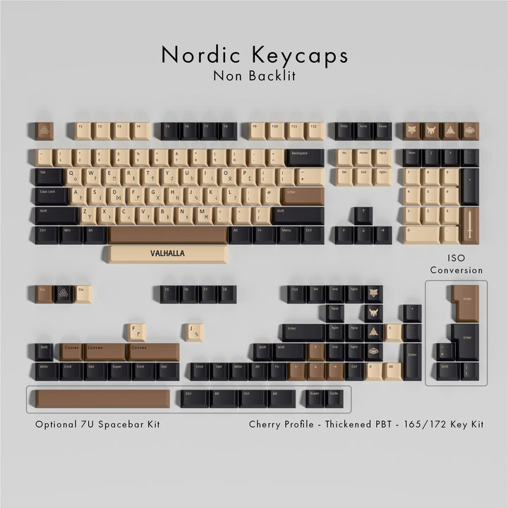 Nordic keycaps layout on a gray background with 'Valhalla' and 'ISO Conversion' labels.