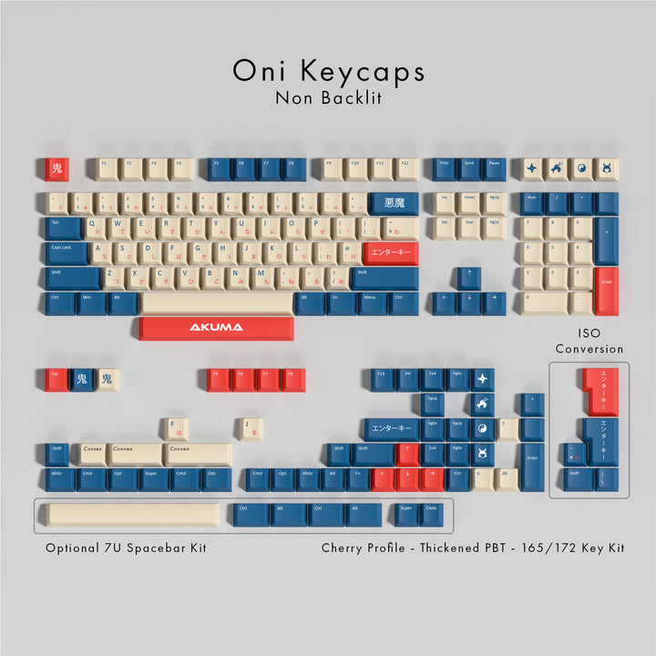 Oni Keycaps layout with keycaps on a gray background