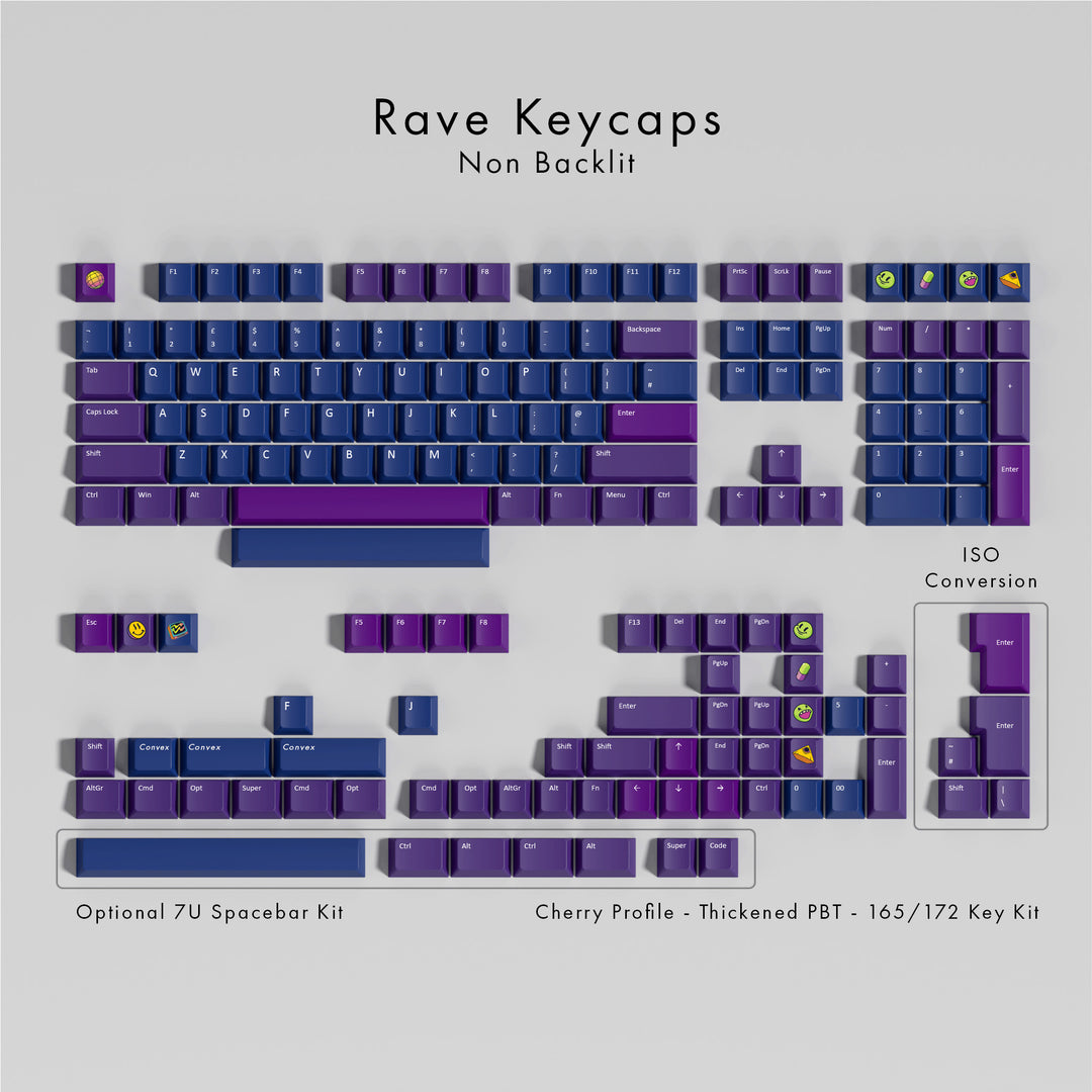 Rave Keycaps non-backlit keyboard keycaps layout on a gray background