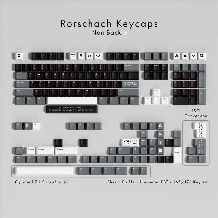 Rorschach keycaps set on a gray background with text detailing product features.