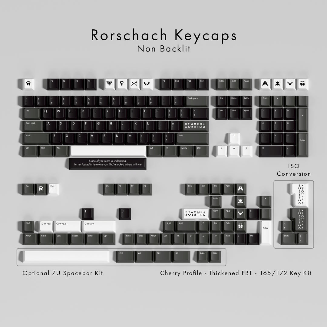 A top-down layout diagram of Rorschach keycaps for a non-backlit Cherry Profile 172-key mechanical keyboard kit. The image displays black and white keycaps arranged in a grid, with text labels indicating &