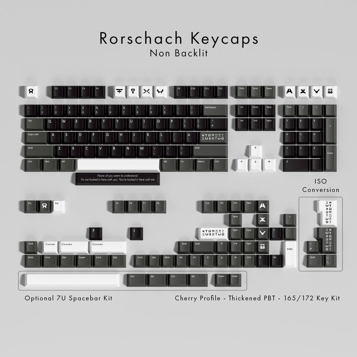 A top-down layout diagram of Rorschach keycaps for a non-backlit Cherry Profile 172-key mechanical keyboard kit. The image displays black and white keycaps arranged in a grid, with text labels indicating &