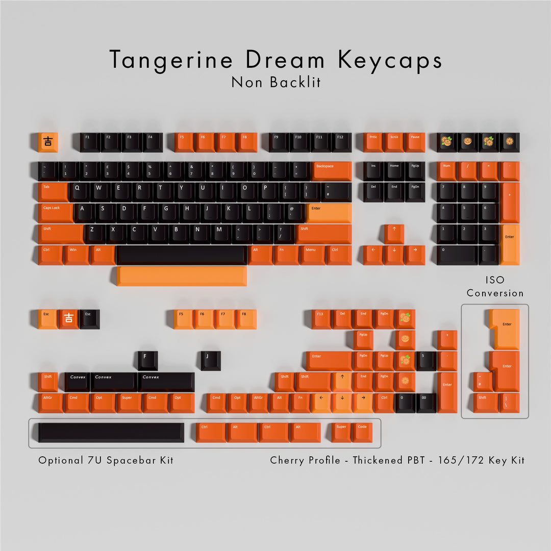 Tangerine Dream keycaps set on a gray background with product details.