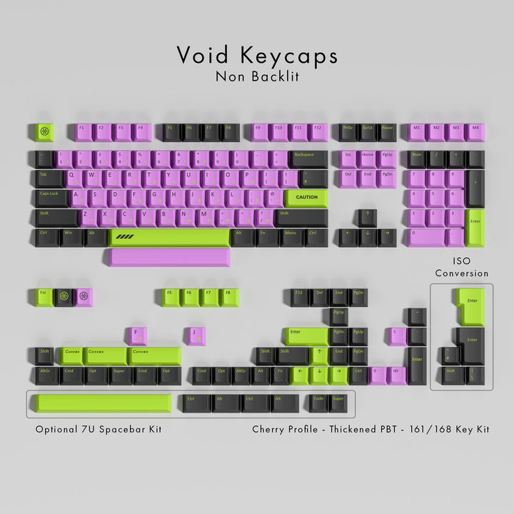 Void keycaps set with pink and green keys on a gray background