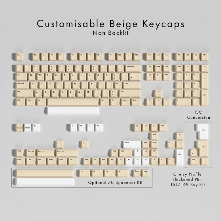 Customisable beige keycaps set on a light gray background with text indicating features.