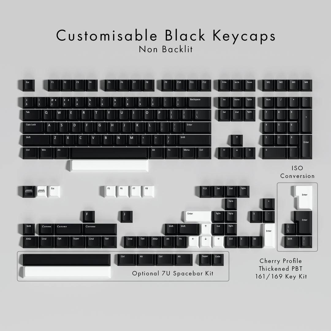 Set of customisable black keycaps on a gray background with text indicating features.