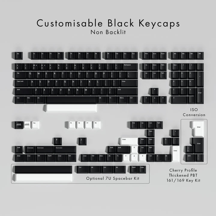 Set of customisable black keycaps on a gray background with text indicating features.