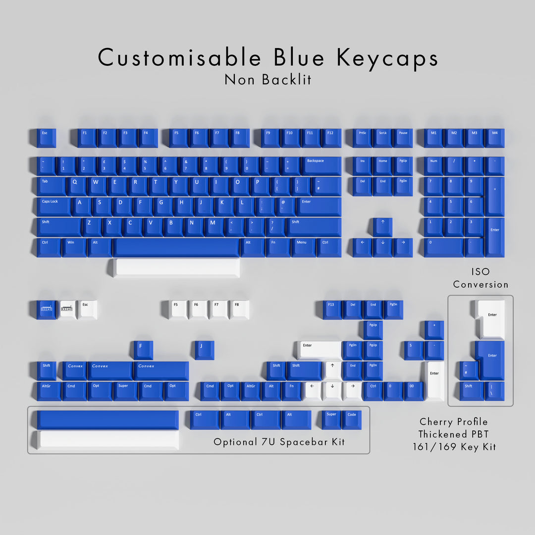 Set of customisable blue keycaps on a gray background with text detailing features.