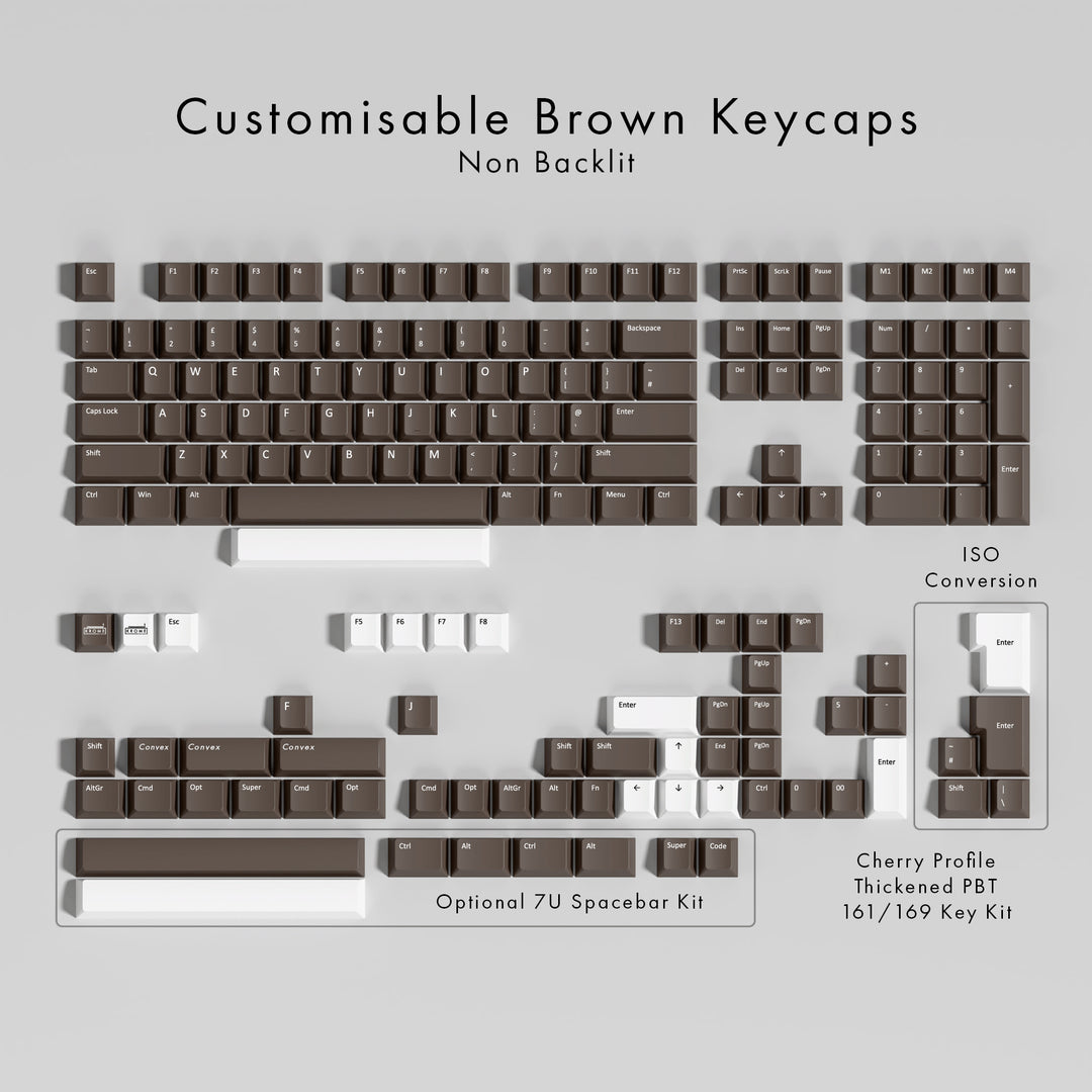 Set of customisable BROWN keycaps on a gray background