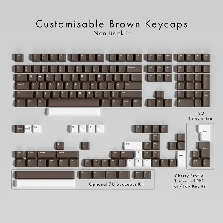 Set of customisable BROWN keycaps on a gray background