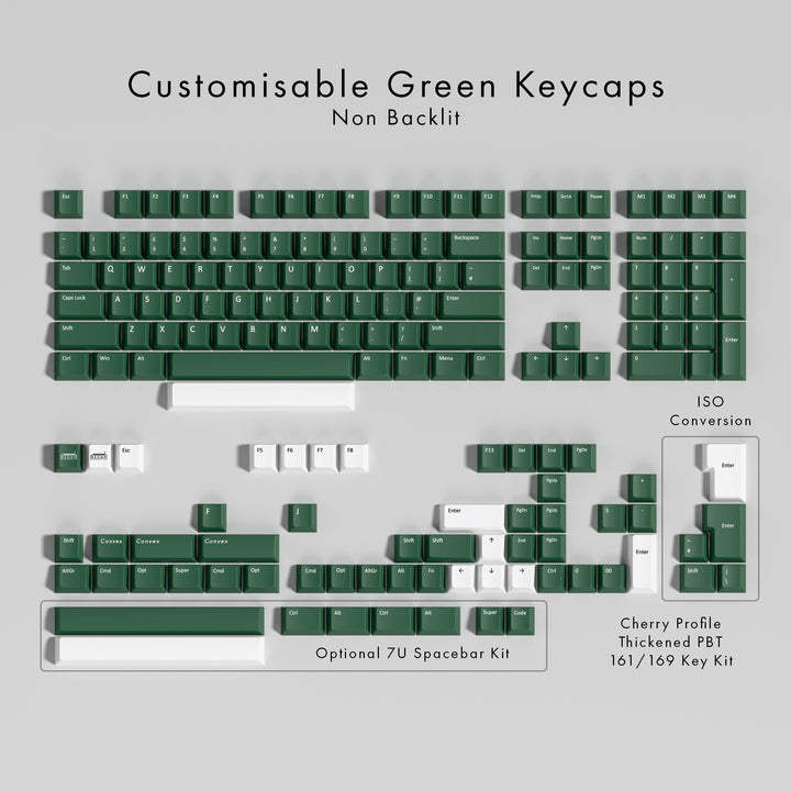 Set of customisable green keycaps on a gray background
