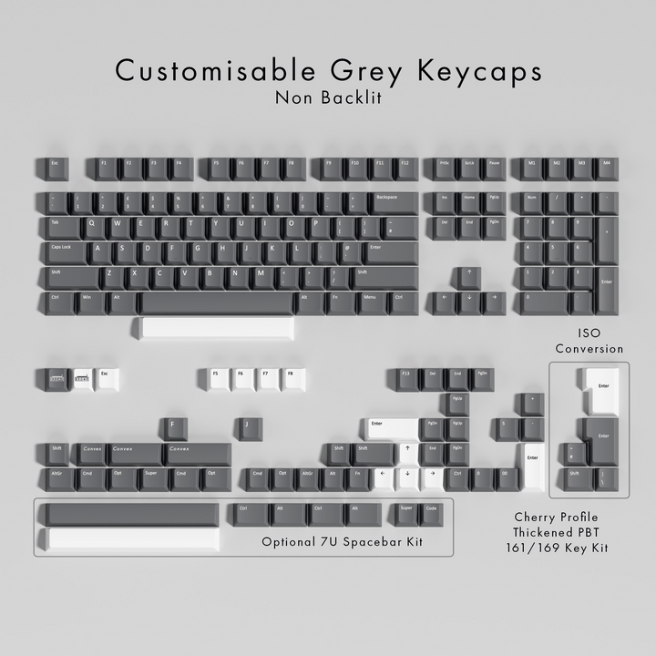 Set of customisable green keycaps on a gray background