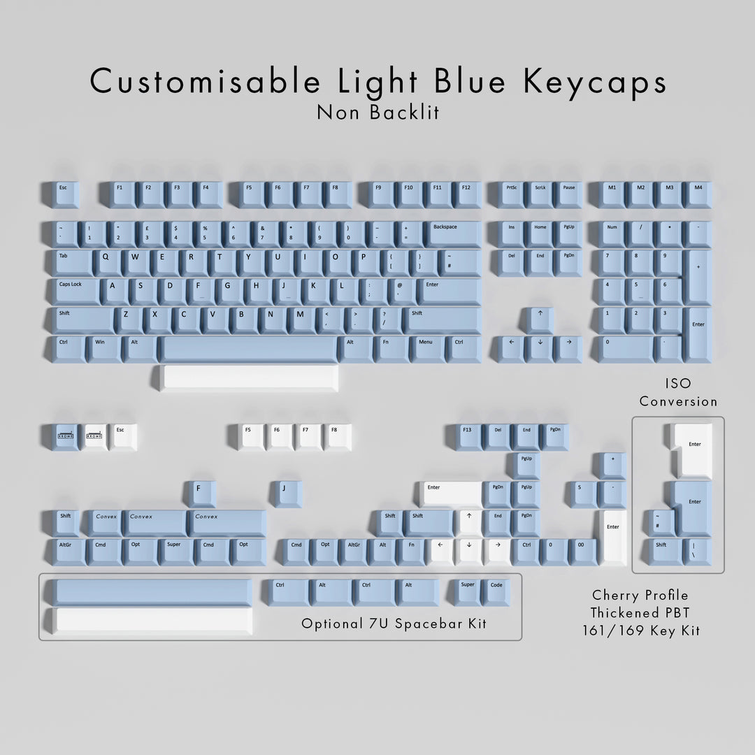 Set of customisable light blue keycaps on a gray background