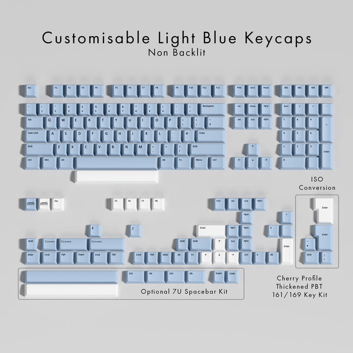 Set of customisable light blue keycaps on a gray background
