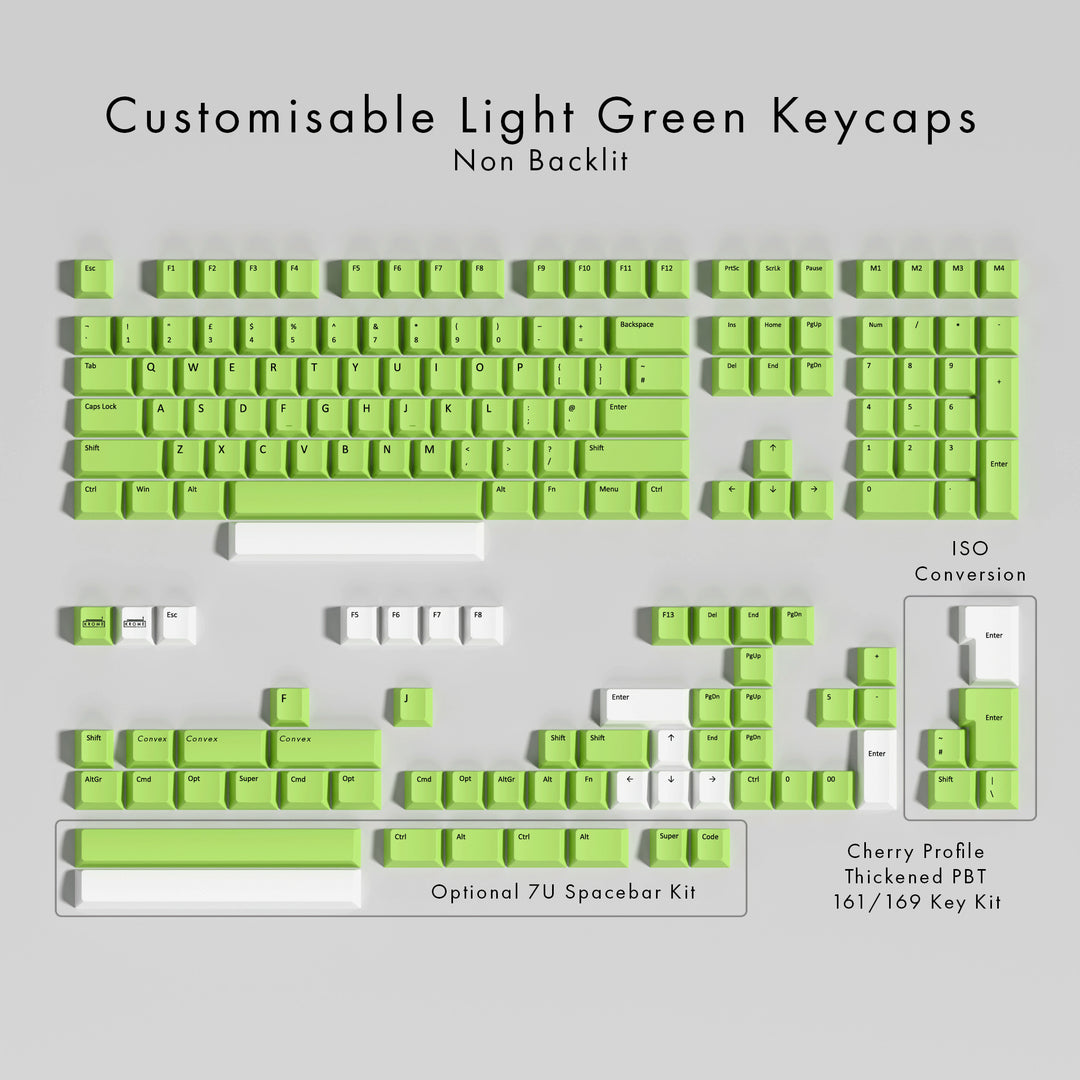 Set of customisable light green keycaps on a gray background