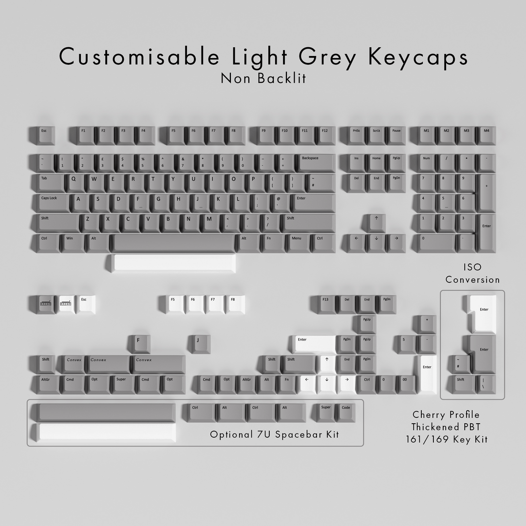 Customisable light grey keycaps set on a gray background with text detailing features.