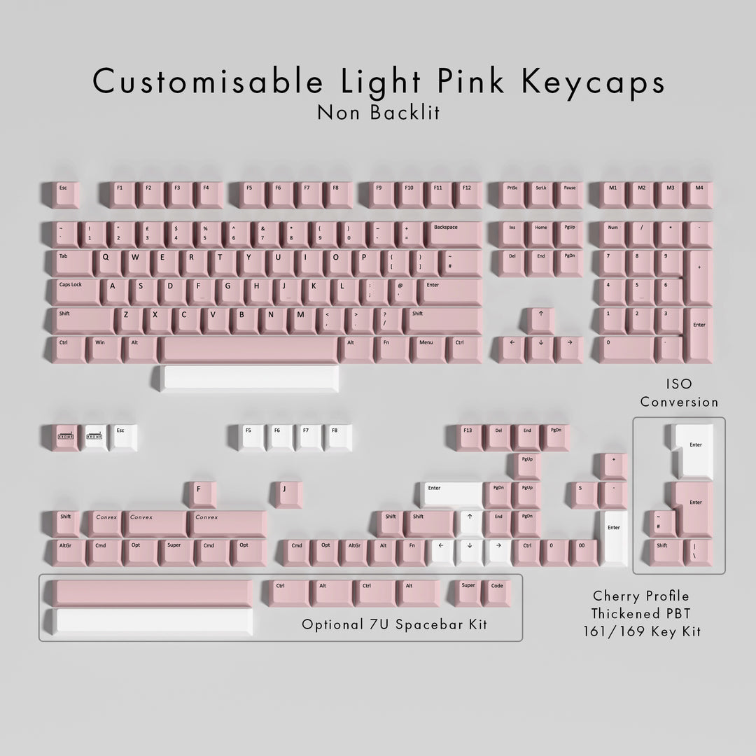 Set of customisable light pink keycaps on a gray background