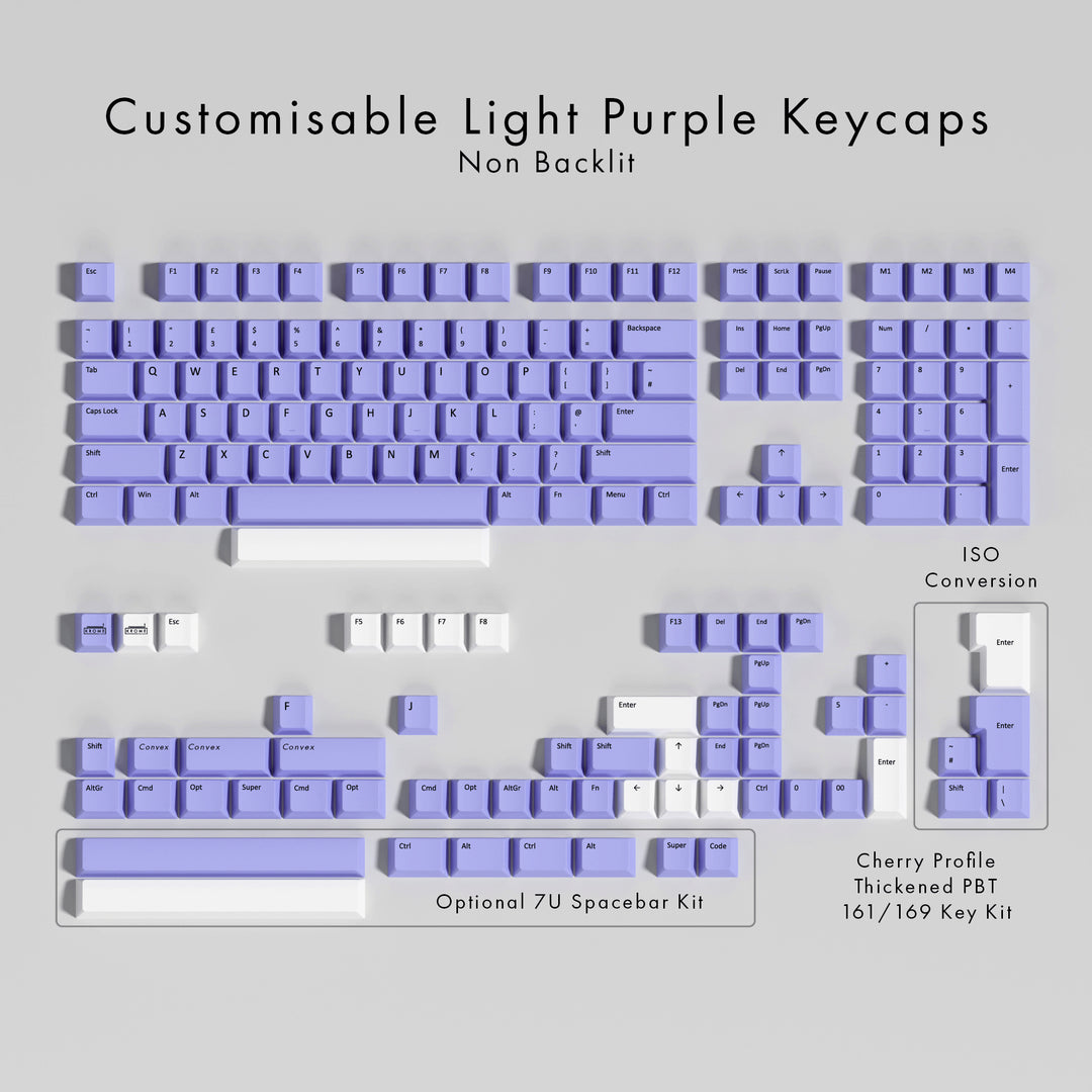 Set of customisable light purple keycaps on a gray background