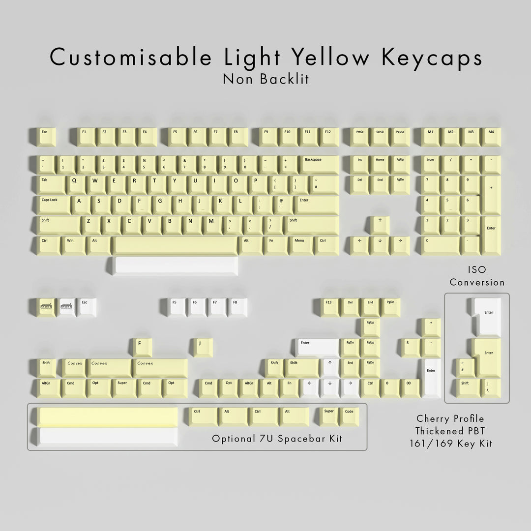 Set of customisable light yellow keycaps on a gray background