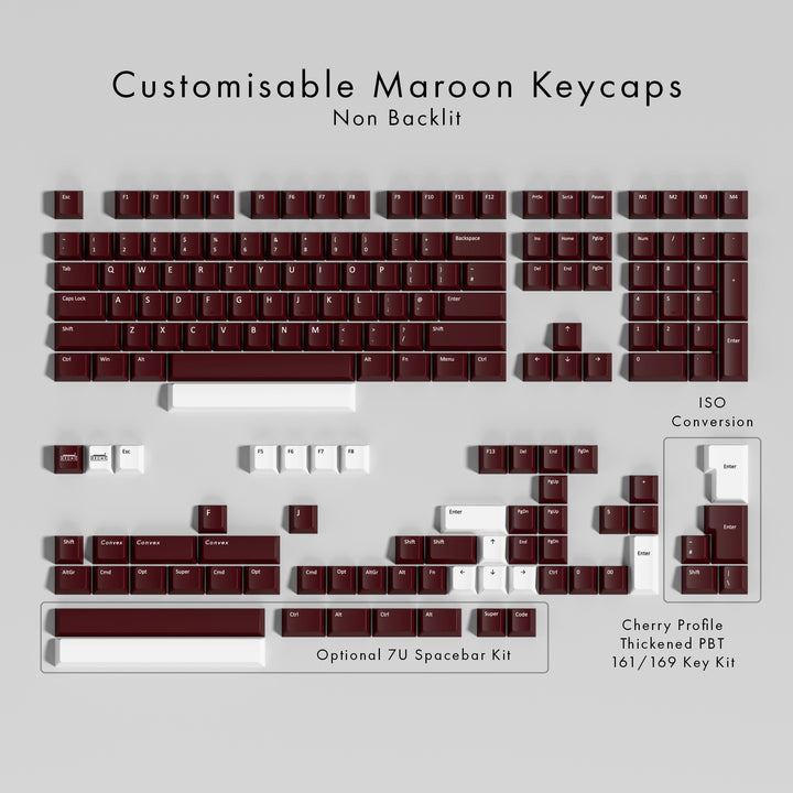 Set of customisable maroon keycaps on a gray background
