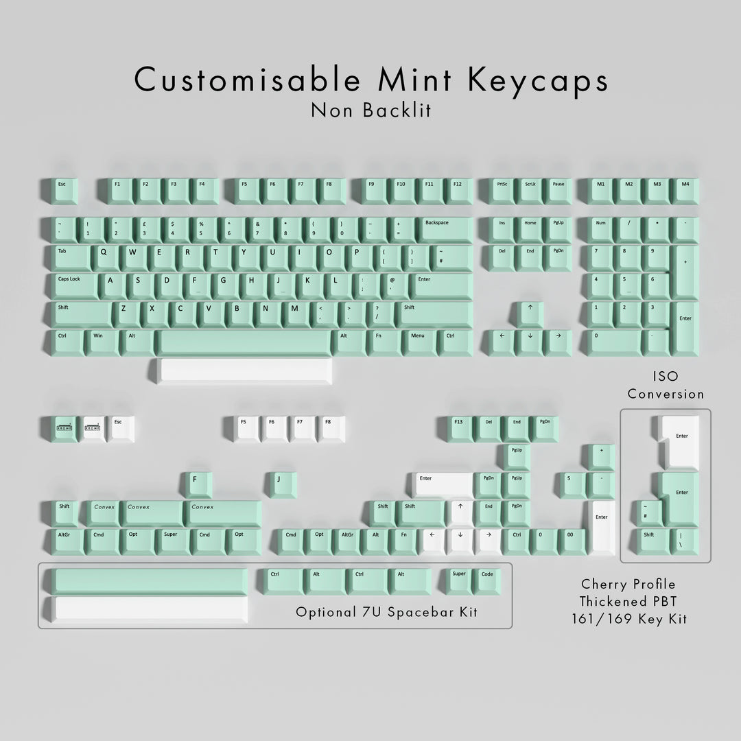 Set of customisable mint keycaps on a light gray background