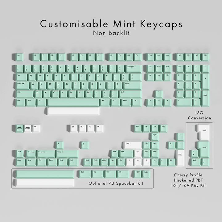 Set of customisable mint keycaps on a light gray background