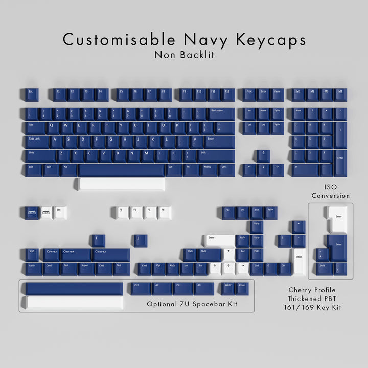 Set of customisable navy keycaps on a gray background with text indicating features.