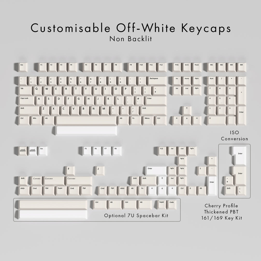 Set of customisable off-white keyboard keycaps on a light gray background