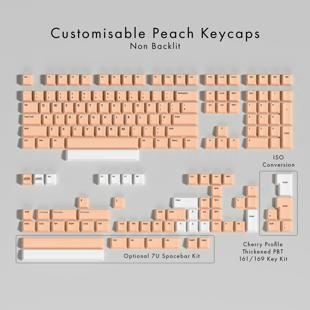 Set of customisable peach keycaps on a gray background