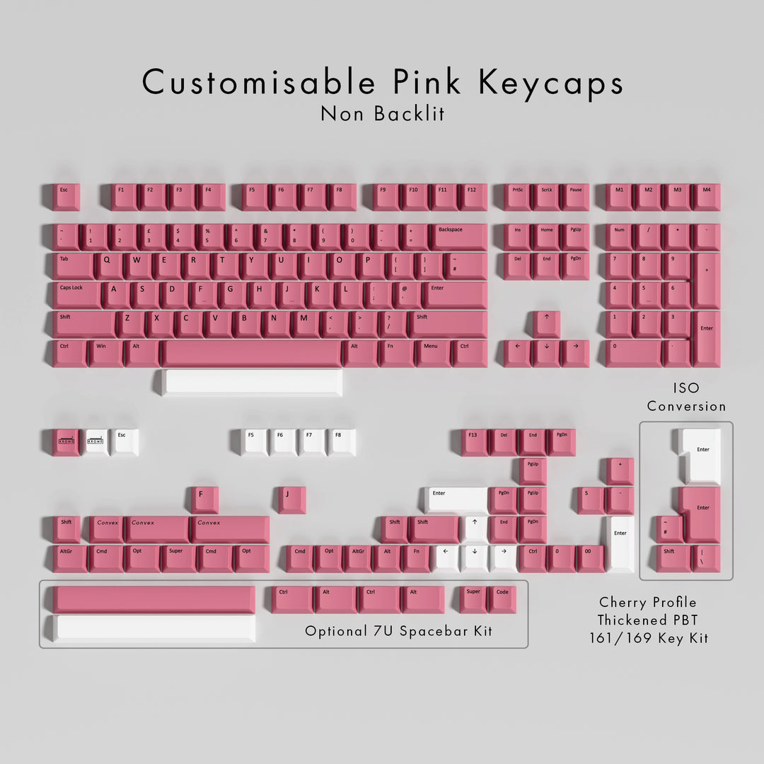 Set of pink keyboard keycaps on a gray background with text indicating customization options.