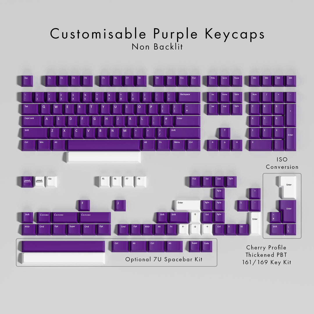 purple pbt keycaps on grey background
