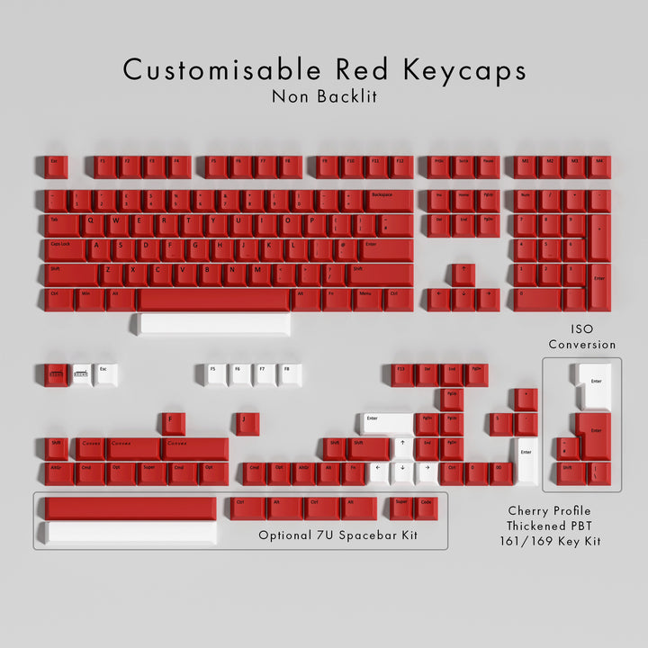 Set of customisable red keycaps on a gray background with text indicating features.