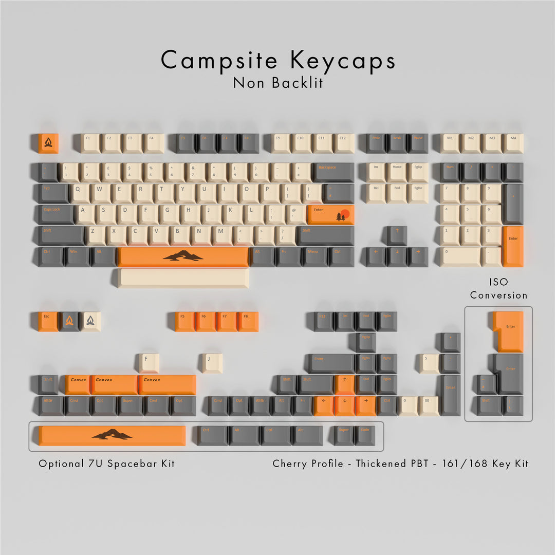 Keyboard keycaps with Campsite branding on a gray background