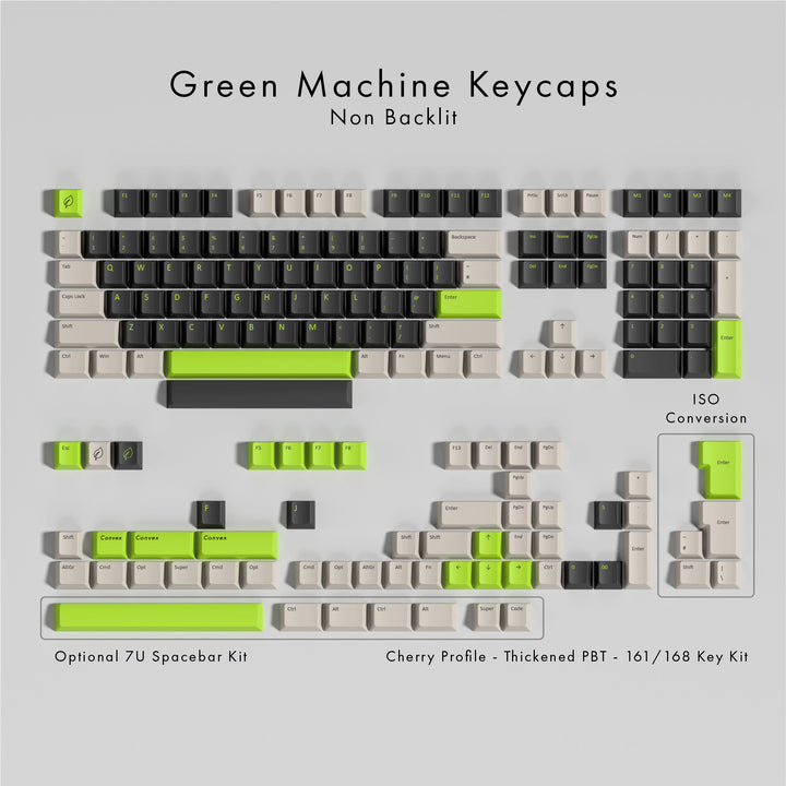 Green Machine Keycaps layout on a gray background