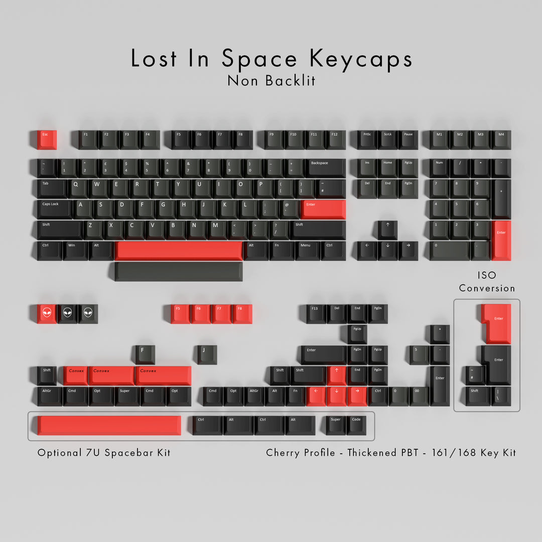 A flat layout graphic of a mechanical keyboard keycap set on a light gray background, labeled 'Lost In Space Keycaps Non Backlit.' The layout shows mostly black keycaps with several red accent keycaps and a few small white keycaps.