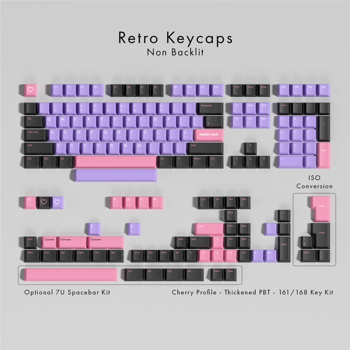 Retro keycaps set on a gray background with text indicating non-backlit design.