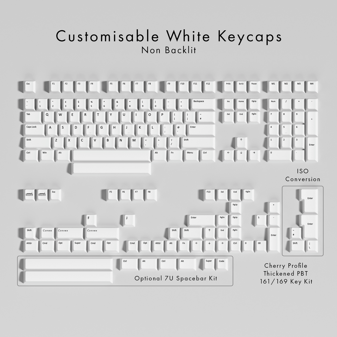 Set of customisable white keycaps on a gray background
