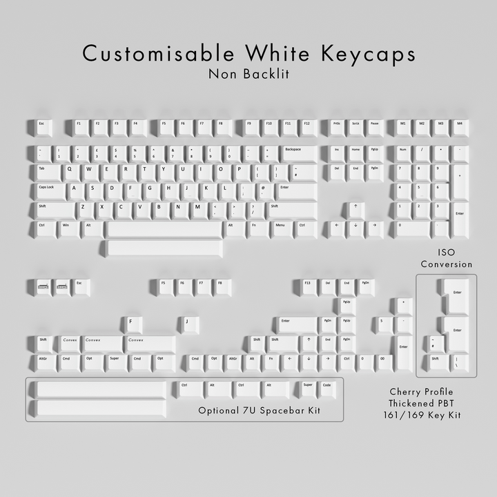 Set of customisable white keycaps on a gray background