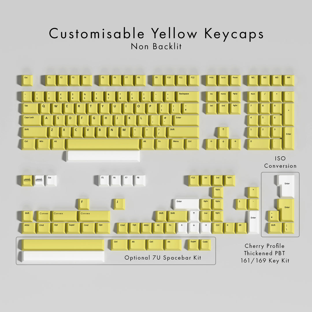 Set of yellow keyboard keycaps on a gray background with text indicating customization options.