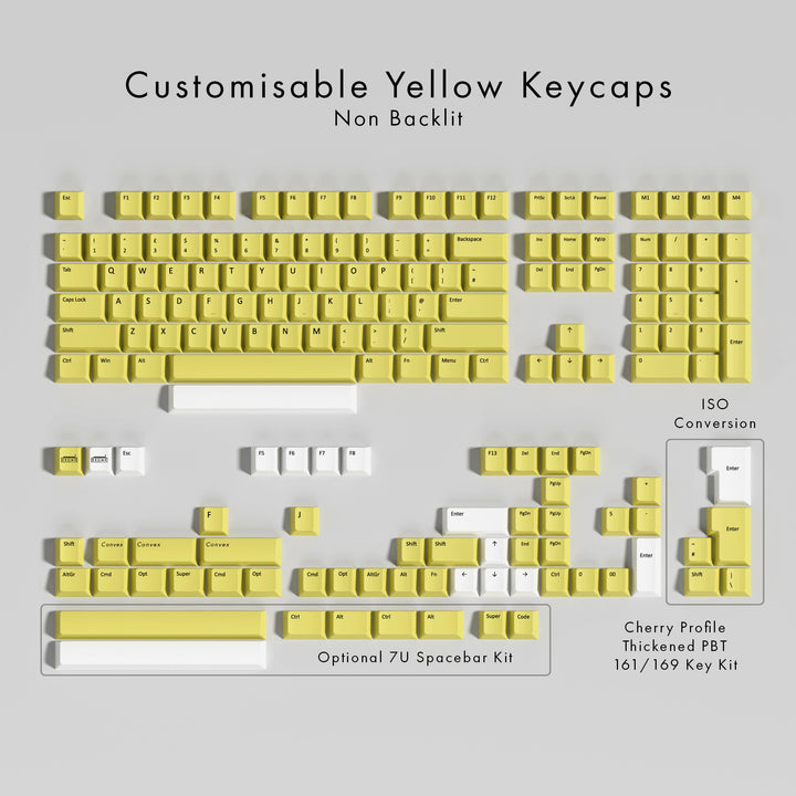 Set of yellow keyboard keycaps on a gray background with text indicating customization options.