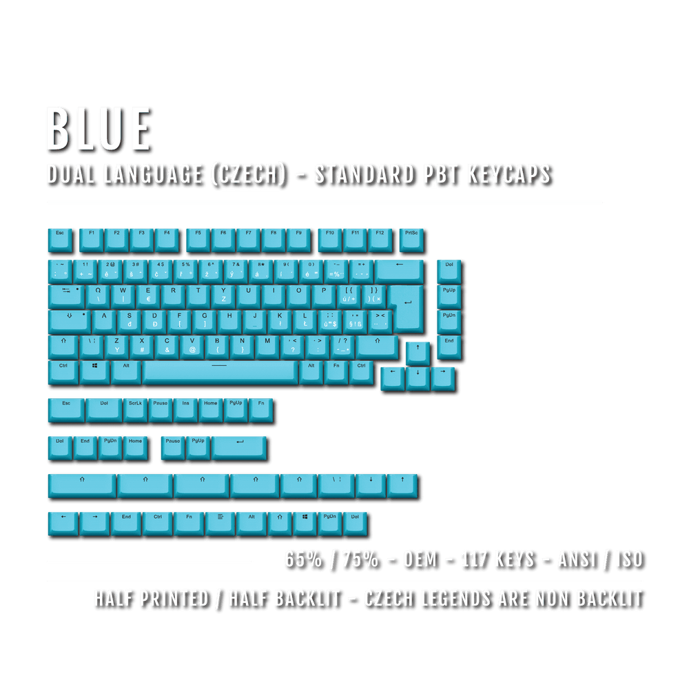 Blue PBT Czech Keycaps - ISO-CZ - 65/75% Sizes - Dual Language Keycaps - kromekeycaps