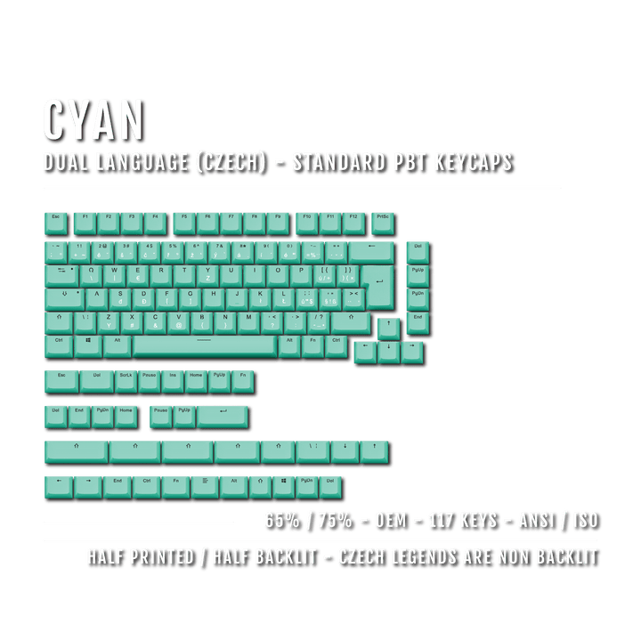 Cyan PBT Czech Keycaps - ISO-CZ - 65/75% Sizes - Dual Language Keycaps - kromekeycaps