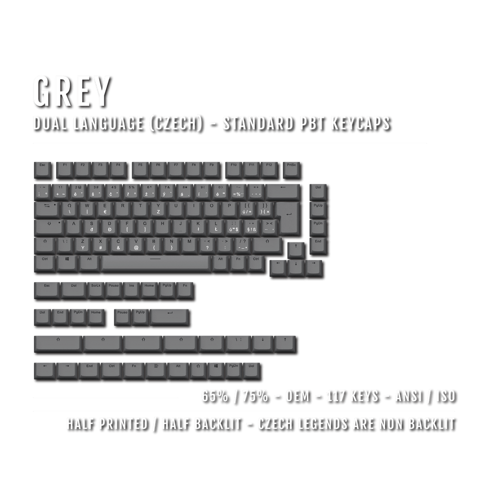 Grey PBT Czech Keycaps - ISO-CZ - 65/75% Sizes - Dual Language Keycaps - kromekeycaps