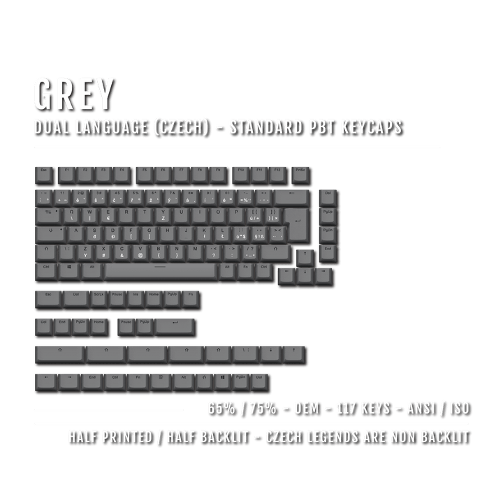 Grey PBT Czech Keycaps - ISO-CZ - 65/75% Sizes - Dual Language Keycaps - kromekeycaps