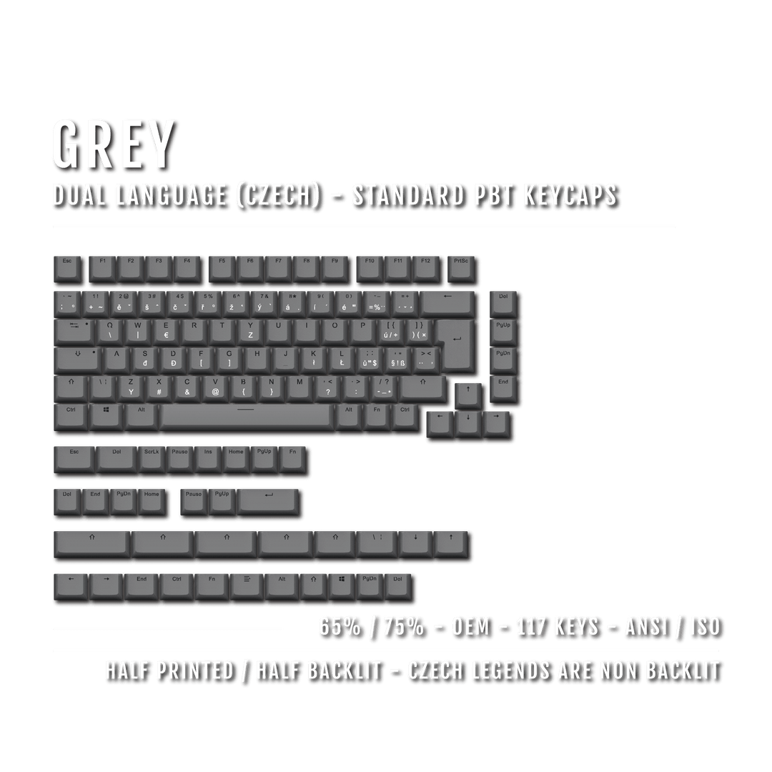 Grey PBT Czech Keycaps - ISO-CZ - 65/75% Sizes - Dual Language Keycaps - kromekeycaps