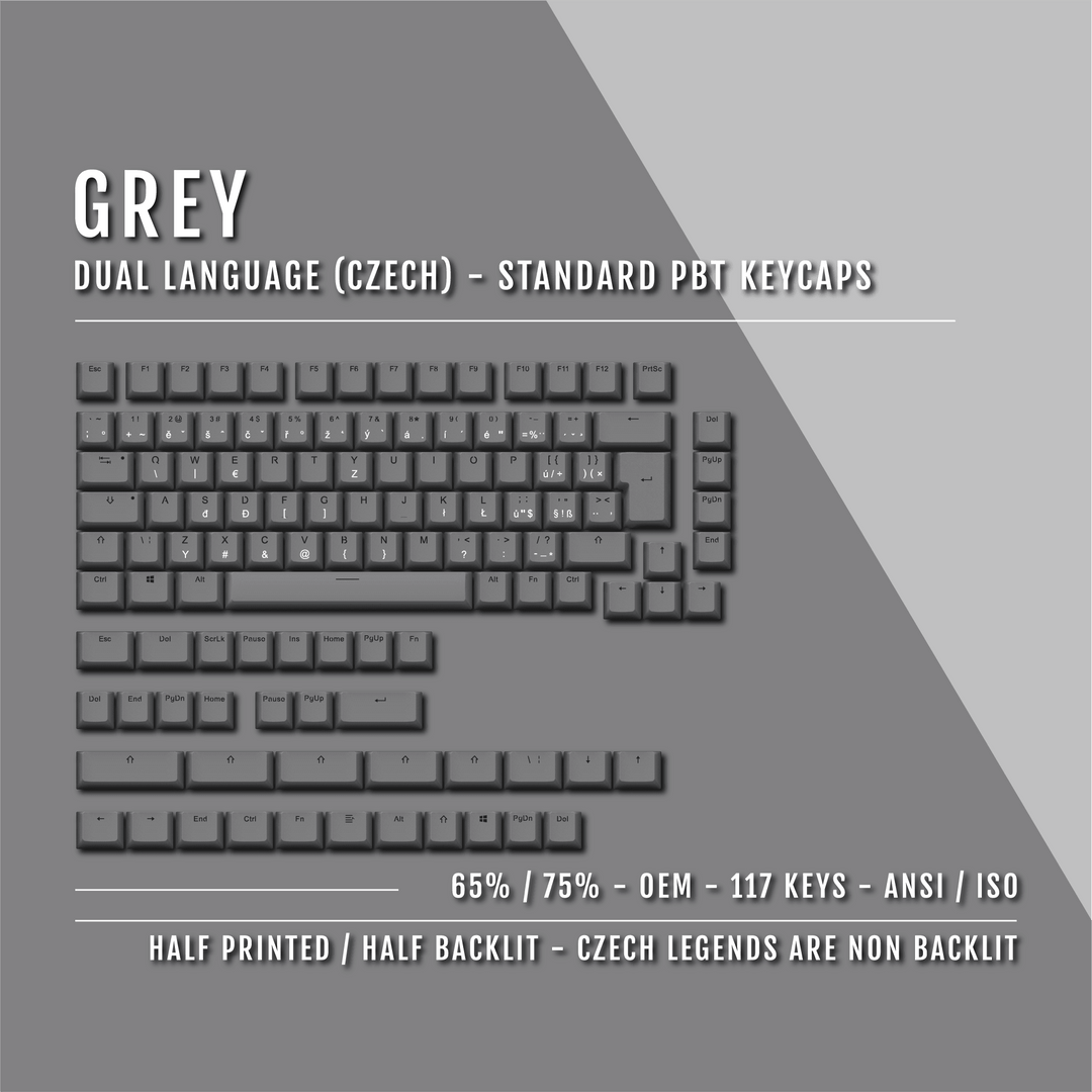 Grey PBT Czech Keycaps - ISO-CZ - 65/75% Sizes - Dual Language Keycaps - kromekeycaps