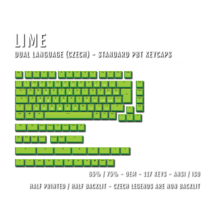 Lime PBT Czech Keycaps - ISO-CZ - 65/75% Sizes - Dual Language Keycaps - kromekeycaps