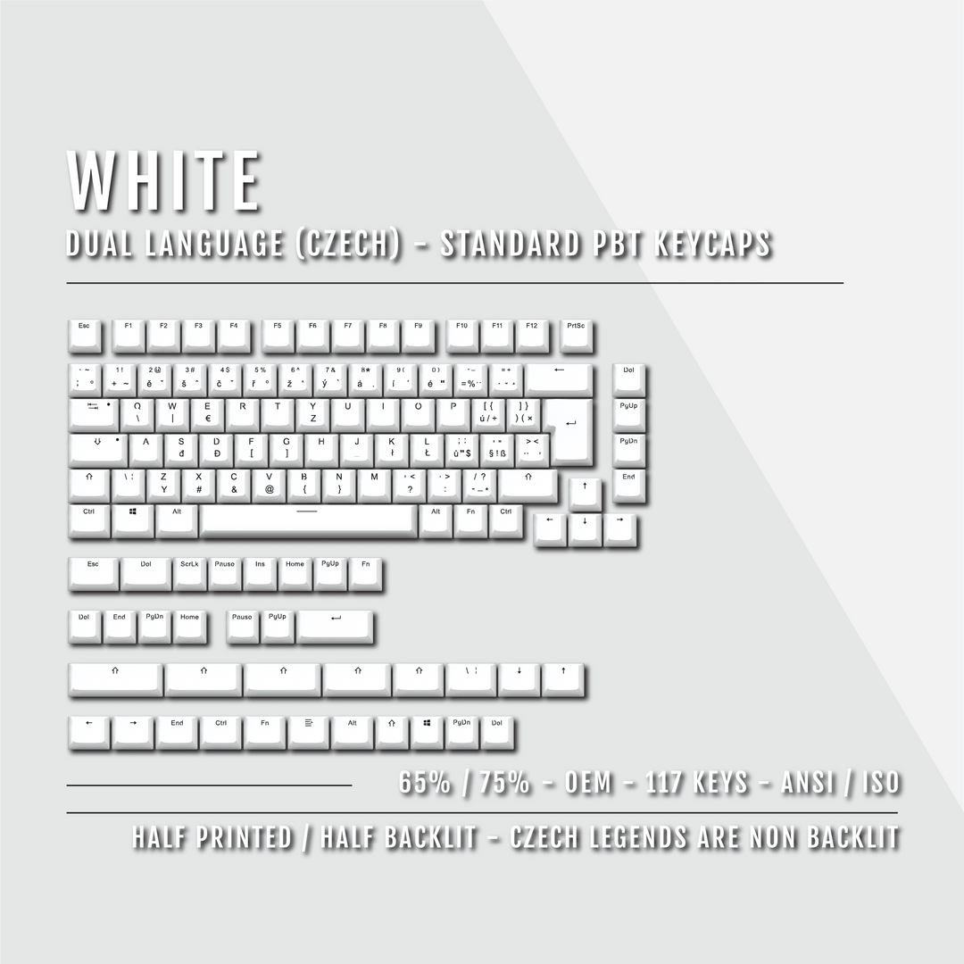 White PBT Czech Keycaps - ISO-CZ - 65/75% Sizes - Dual Language Keycaps - kromekeycaps